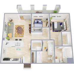 Modern 3D floor plan showcasing a cozy two-bedroom apartment with an open-concept living room, sleek kitchen with island seating, and two elegant bathrooms.