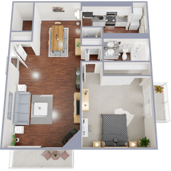 Modern 2D floor plan showcasing a stylish one-bedroom apartment with open-concept living and dining areas, sleek kitchen, and a cozy bathroom, plus a charming balcony.