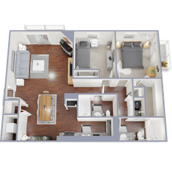 Inviting apartment floor plan featuring 2 cozy bedrooms, spacious open living and dining area, modern kitchen, and 2 bathrooms, perfect for comfortable living.