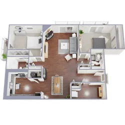 Modern 3D floor plan featuring two cozy bedrooms, an elegant open-concept living and dining area, spacious kitchen, and stylish bathroom with hardwood floors.