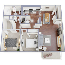 Modern open-concept floor plan featuring two spacious bedrooms, a sleek kitchen, elegant living area, and cozy outdoor balcony.