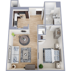 Modern apartment floor plan with one bedroom, open-concept living and dining area, sleek kitchen, and elegant bathroom. Perfect for comfortable urban living.