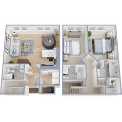 Modern 3D floor plan showcasing an elegant two-story apartment with 2 bedrooms, a cozy living room, and an open dining-kitchen area.
