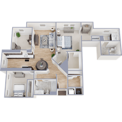 Beautifully designed 3D floor plan showcasing 3 bedrooms, an open living area, modern kitchen, and two bathrooms.