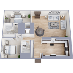 Modern 3D floor plan showcasing 2 bedrooms, cozy living room, dining area, and sleek kitchen with ample storage.