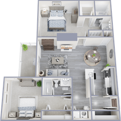 Modern 3D floor plan showcasing two spacious bedrooms, an elegant open living area, a dining space, and a stylish kitchen, complete with a cozy balcony.