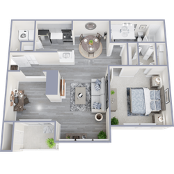 Modern apartment floor plan featuring a spacious bedroom, chic living room with contemporary decor, open kitchen with sleek appliances, and elegant dining area.