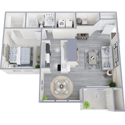 Modern 3D floor plan showcasing one-bedroom apartment with a cozy living room, elegant dining area, stylish kitchen, and convenient laundry space.