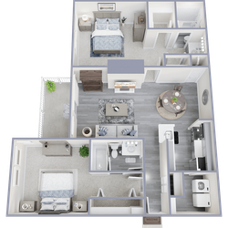 Elegant 3D floor plan of a modern apartment featuring 2 bedrooms, a cozy living area, stylish kitchen, and balcony space.
