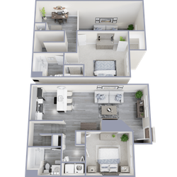 Modern 3D floor plan showcasing an elegant apartment with two bedrooms, open-concept living and dining area, stylish kitchen, and a convenient bathroom layout.