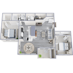 Elegant 3D floor plan showcasing a modern apartment with two bedrooms, a cozy living room, and an open kitchen with dining space.