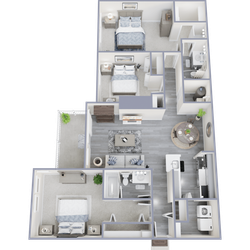 Modern 3D floor plan showcasing 3 cozy bedrooms, a sleek open-concept living room, and a stylish kitchen, perfect for comfortable living.