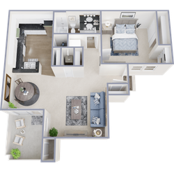 Charming floor plan showcasing a spacious 1-bedroom apartment with a cozy living room, modern kitchen, and a relaxing sunroom.