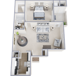 Modern 3D floor plan featuring an inviting living room, cozy bedroom, stylish kitchen, and well-appointed bathroom.