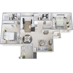 Elegant 3D floor plan showcasing 2 bedrooms, 2 bathrooms, a modern kitchen, and a spacious living area with stylish furnishings.