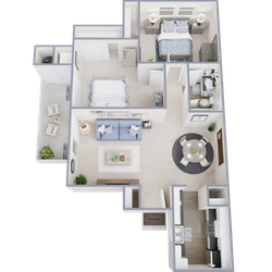 Elegant 3D floor plan featuring 2 cozy bedrooms, stylish living room, chic dining area, and modern kitchen with a charming balcony.