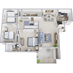 Elegant 3D floor plan showcasing 3 bedrooms, a cozy living room, modern kitchen, and chic dining area, perfect for luxurious living.