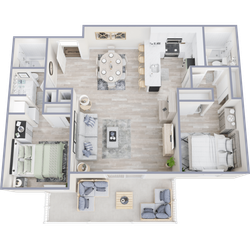 Modern 3D floor plan featuring two bedrooms, an open-concept living area, and a sleek kitchen, complete with stylish indoor and outdoor seating.