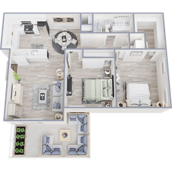 Modern 3D floor plan showcasing 2 bedrooms, a stylish open-concept living space, a sleek kitchen, and a cozy outdoor patio area.