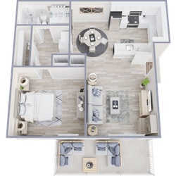 Modern open-concept floor plan with a cozy living room, contemporary kitchen, spacious bedroom, and stylish balcony seating area.
