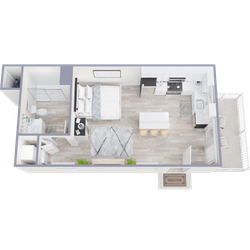 Modern open-concept floor plan featuring one cozy bedroom, a sleek kitchen, spacious living area, and a stylish bathroom.