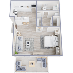 Chic apartment floor plan showcasing a spacious layout with one bedroom, modern kitchen, cozy living area, and inviting outdoor patio.