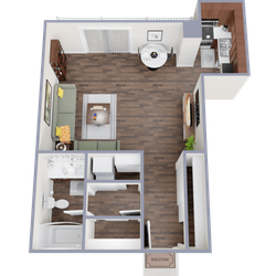 Modern 1-bedroom apartment floor plan featuring an open-concept living and dining area, cozy kitchen, and spacious bathroom with sleek wood flooring.