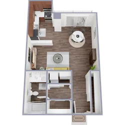 Modern 1-bedroom apartment floor plan with open-concept kitchen and living area, stylish bathroom, and inviting dining space.