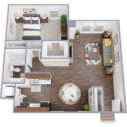 Charming 3D floor plan featuring a cozy bedroom, modern kitchen, inviting dining area, and spacious living room, ideal for comfortable living.
