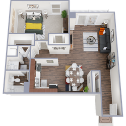 Modern 3D floor plan showcasing a spacious one-bedroom apartment with open-concept living room and dining area, stylish kitchen, and elegant bathroom.