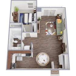 Modern open-concept floor plan featuring a cozy living room, stylish kitchen, spacious bedroom, and elegant bathroom layout.