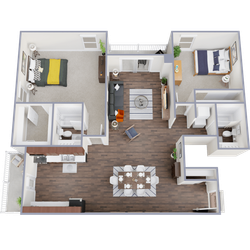 Modern 3D floor plan with 2 spacious bedrooms, open-concept living and dining area, sleek kitchen, and elegant decor.