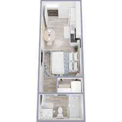 Modern studio apartment floor plan.