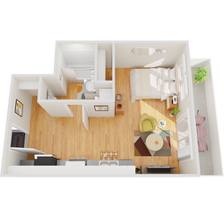 Charming 3D floor plan showcasing a cozy bedroom, stylish open-concept living area, and sleek kitchen. Bright interiors and modern decor create a welcoming environment.