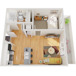 Charming 1-bedroom apartment layout featuring a cozy living room, modern kitchen with breakfast bar, and spacious bathroom.