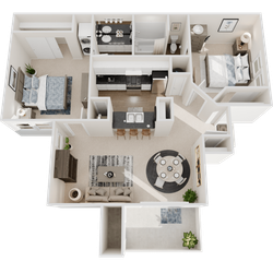 Modern 3D apartment floor plan featuring 2 bedrooms, a stylish open kitchen with seating, spacious living room, dining area, and 2 bathrooms.