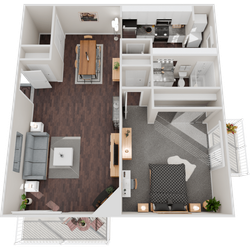 Contemporary 3D floor plan showcasing an open-concept living and dining area, a modern kitchen, cozy bedroom, stylish living room, and inviting balcony, offering a blend of comfort and functionality.