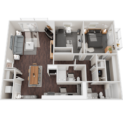 Modern 3D floor plan showcasing two cozy bedrooms, a stylish open living and dining area, a well-equipped kitchen, and chic wood flooring.