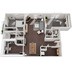 3D floor plan showcasing a spacious two-bedroom apartment with an open living room, modern kitchen, and two bathrooms, featuring elegant hardwood flooring and ample natural light.