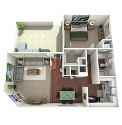 Modern 3D floor plan showcasing a spacious one-bedroom apartment, featuring an open-concept living and dining area, sleek kitchen, and inviting balcony.