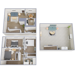 Modern 3D floor plan showcasing a spacious three-bedroom apartment with an inviting living area, cozy kitchen, and elegant decor.
