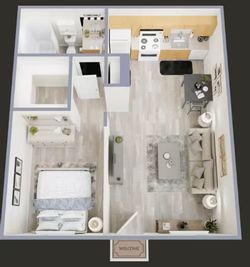 Located at 513 W Panorama Rd in Tucson, Arizona, this compact single-floor unit offers a well-organized layout comprising a kitchen, bedroom, bathroom, and closet. Light wood-style flooring runs throughout, creating a clean and cohesive look across the entire space.The kitchen is efficiently designed with warm honey-toned wood cabinetry extending to the upper walls, light countertops, and white appliances including a refrigerator, electric range, microwave, dishwasher, and a sink &mdash; providing full functionality in a compact footprint. A textured ceiling adds subtle character throughout the unit.The open living area adjoins the kitchen and features a ceiling fan with integrated lighting, offering both comfort and practicality. The bedroom is an intimate, well-proportioned space highlighted by a window with vertical blinds that frames views of the surrounding neighborhood, including palm trees, allowing natural light to filter in.The bathroom is neatly appointed with a wood-framed medicine cabinet, a wide vanity mirror with globe lighting, a single-sink wood vanity with a white countertop, and a full tub-shower combination. The consistent wood-toned cabinetry ties the bathroom design cohesively to the kitchen aesthetic. A dedicated closet rounds out this efficiently planned Tucson residence.