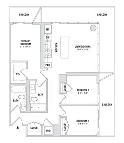 Modern floor plan showcasing 3 bedrooms, spacious living/dining area, sleek kitchen, and multiple balconies.