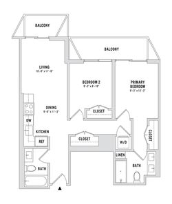 Modern floor plan with 2 bedrooms, 2 bathrooms, spacious living area, and dual balconies, featuring a stylish kitchen and dining space.