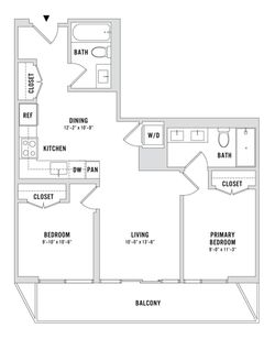 Contemporary 2D floor plan showcasing 2 bedrooms, 2 bathrooms, a stylish kitchen, spacious living area, and a large balcony.