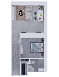 Inviting floor plan showcasing a modern one-bedroom apartment with an open-concept living and dining area, chic kitchen, and a sleek bathroom.