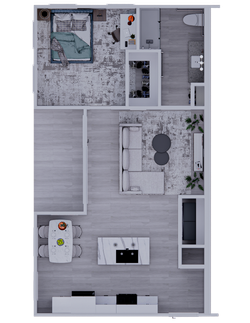 Modern floor plan featuring a spacious bedroom with an en-suite bathroom, walk-in closet, open-concept living and dining area, and a sleek kitchen.