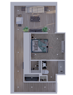 Modern floor plan displaying a cozy bedroom, stylish bathroom, and inviting living area with sleek wooden flooring and contemporary furniture.
