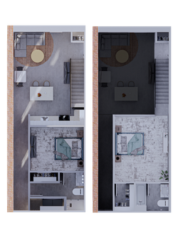 Modern two-level apartment floor plan highlighting a cozy living area, stylish kitchen, and comfortable bedroom layout with a bathroom, perfect for contemporary urban living.