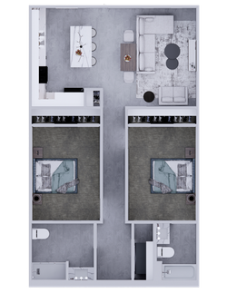Modern 2-bedroom apartment floor plan with open-concept living room, kitchen island, and two sleek bathrooms.